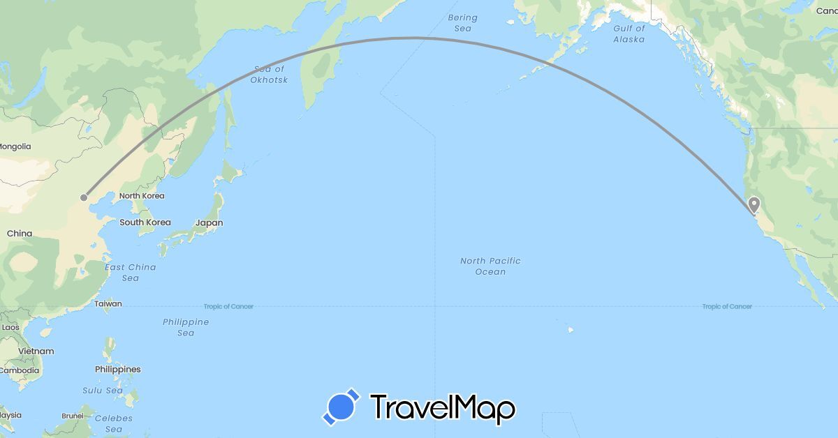 TravelMap itinerary: driving, plane in China, United States (Asia, North America)